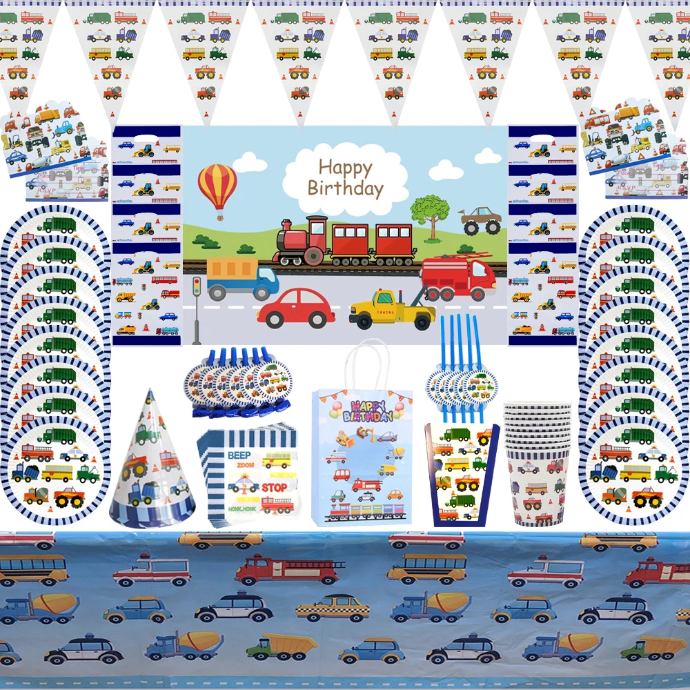 

Christmas Cartoon Car Party Plate Napkins Tablecloth Cup Construction Vehicle Birthday Party Supplies Disposable Tableware Set