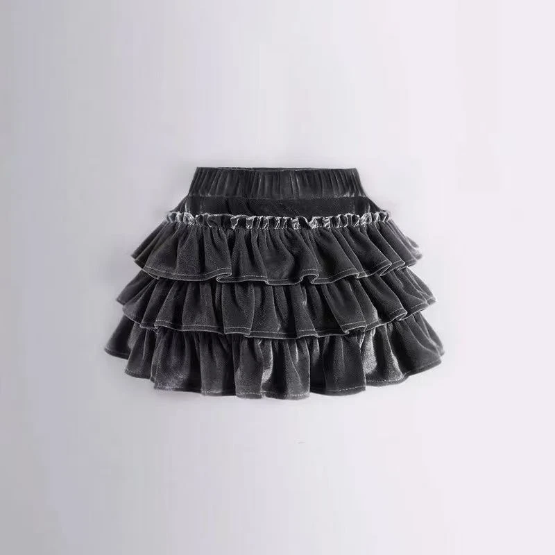 Sukienka damska w kształcie litery A z falbanami, z czarnego aksamitu, nowa kolekcja jesień/zima, elegancka, modna, z wysokim stanem, bufiaste krótkie spódnice.