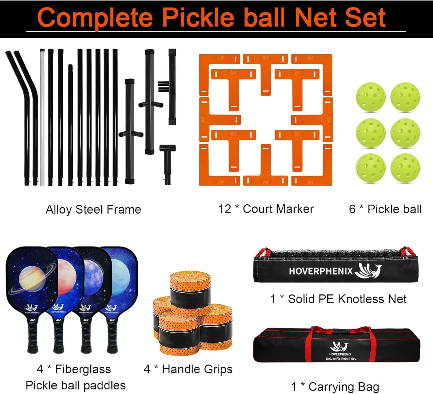 ชุด Pickleball ขนาดระเบียบ FT พร้อมชุดตาข่ายและไม้พายไฟเบอร์กลาส 4 ชิ้น, Pickleball กลางแจ้งและกระเป๋าพกพา