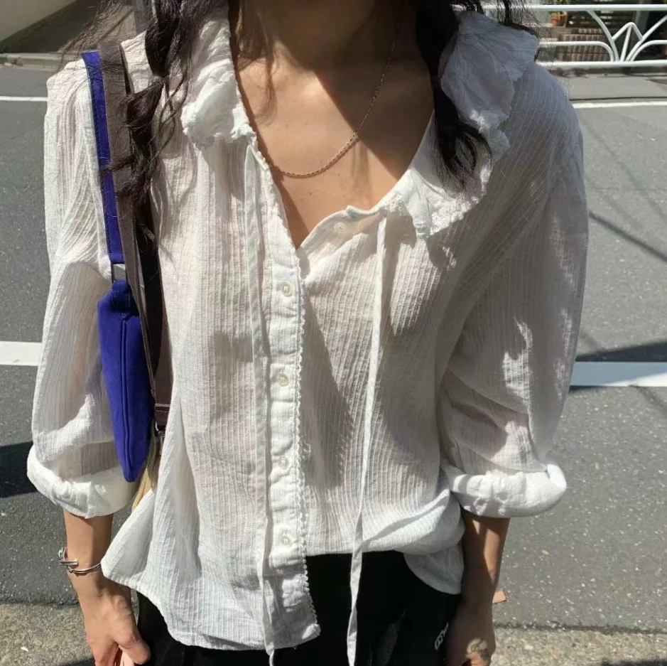 

Loose Fit Long Sve Lace Trim Pure Color irt Lightweight Sun Protection Casual Sle Women's Premium Faion irt