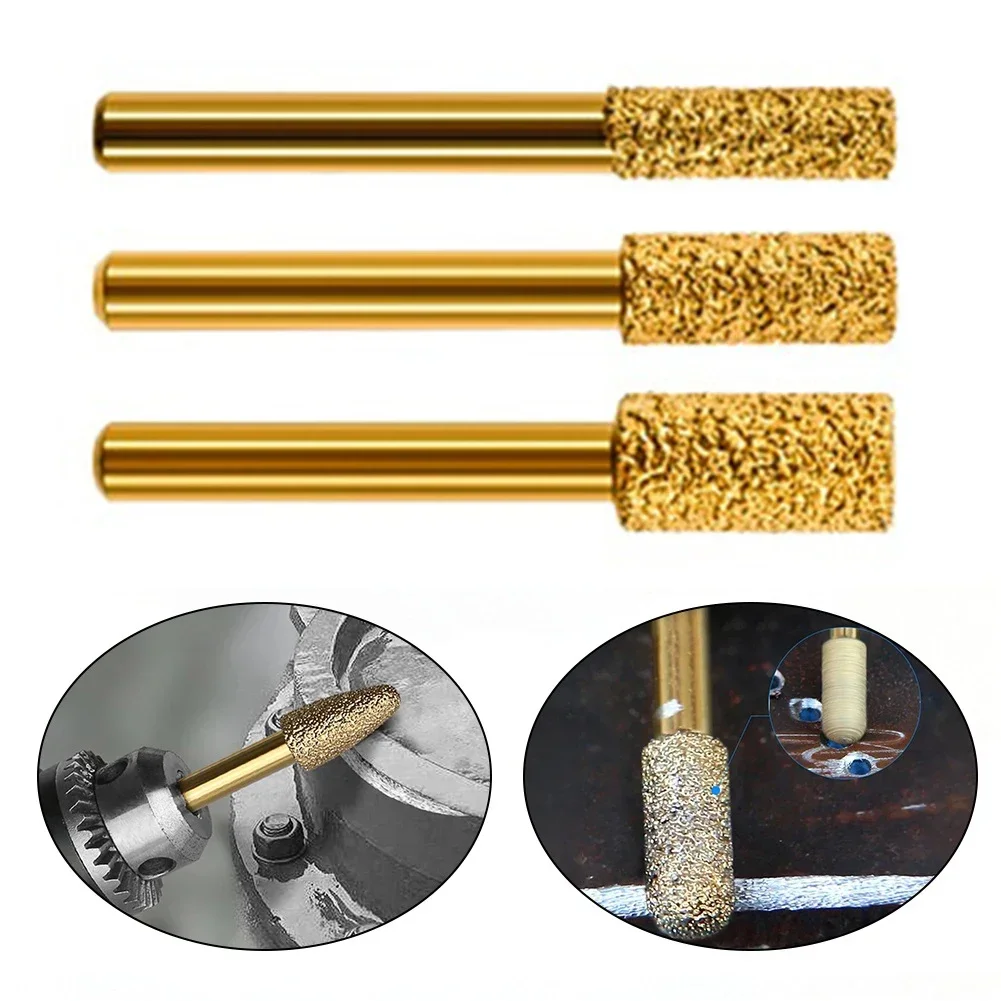 3Pcs Vacuum Brazed Diamond Burring Head Grinding Bit Cylinder Type Filing Tools For Stone Polishing Rotary Tools Accessories