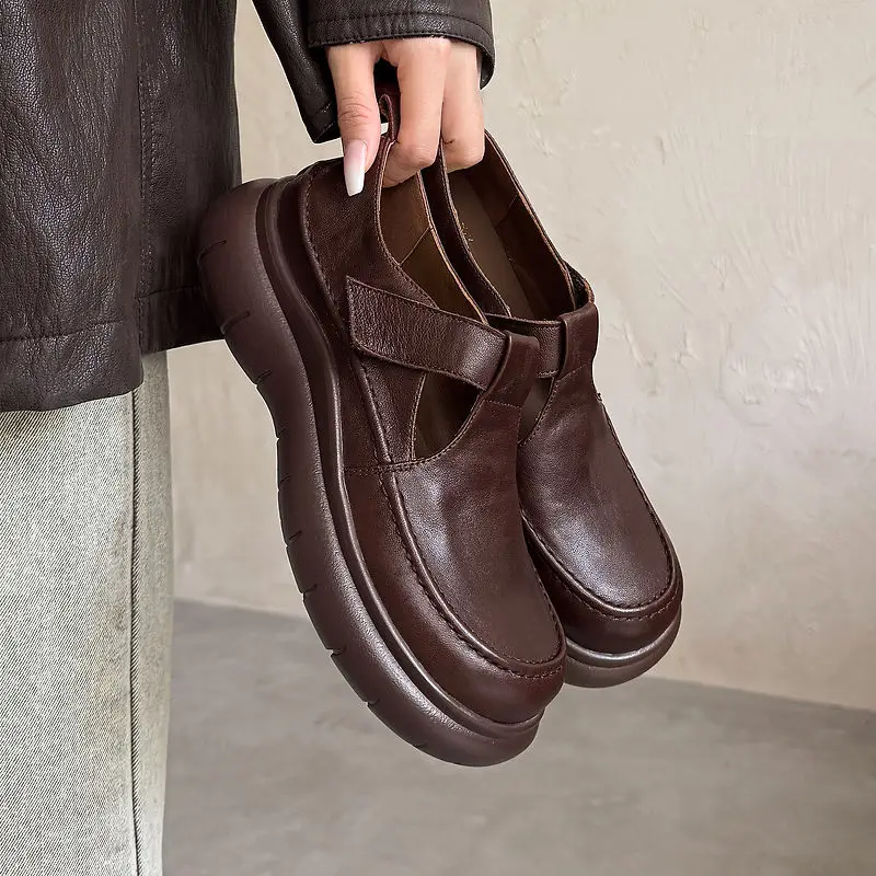 2026 new spring autumn women pumps natural leather 22-24.5cm sheepskin round toe t-buckle loafers platform women shoes