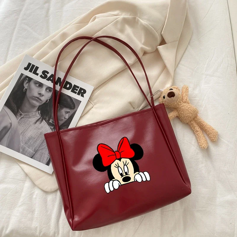 Disney Mickey Minnie Leather Handbags Lady Tote Bags Fashion Underarm Pouch Large Capacity Soft Retro Crossbody Backpack Portabl