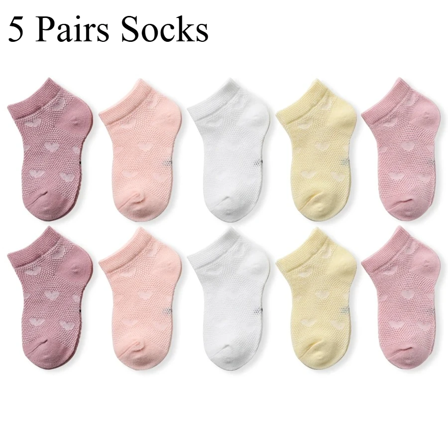 5 Pairs of Kidsren's Socks Pure Color Simple Heart Mesh Breathable Boys and Girls Japanese Style Trendyy Mid-Calf Socks