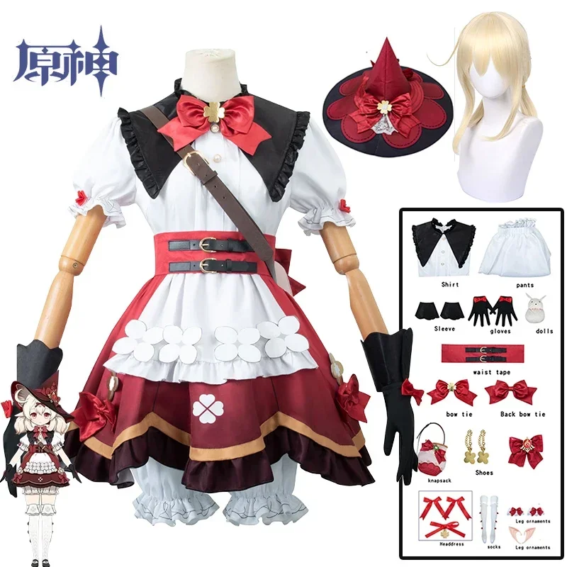 Jeu Genshin Impact Klee Cosplay Costume pour femme, robe, peau en fleurs, tenues Starlight, perruque, sac à dos, sorcière, nouveau