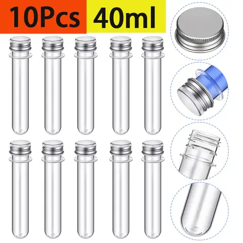 10Pcs 40ml 투명 애완 동물 플라스틱 테스트 튜브 명확한 목욕 소금 튜브 사탕 향신료에 대 한 원통형 알루미늄 뚜껑 플라스틱 약병