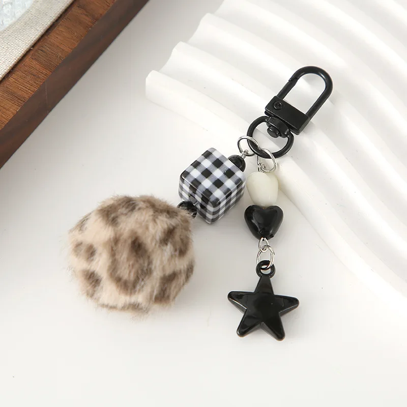 New Cute Leopard-print Hairball Heart-shaped Beaded Keychain Pendant Star-shaped Square Beads New Mobile Phone Chain Bag Pendant