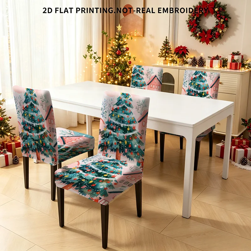2/4/6PCS pink town Christmas tree painting landscape elastic dining chair cover, retro winter snow pattern Christmas decoration