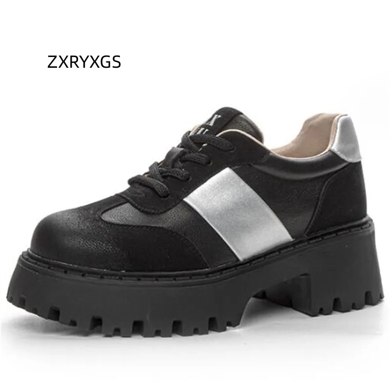 

ZXRYXGS 2024 Top Cowhide Spring New Thick Sole Non-slip High Heels British Style Women Leather Shoes Popular Increase Shoes Tide