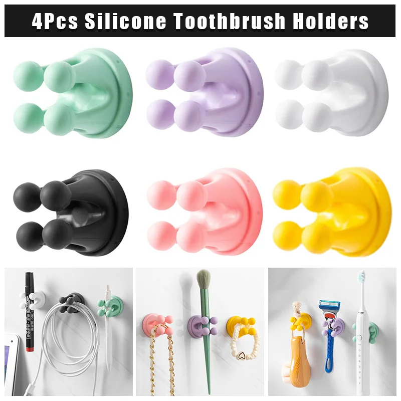 4Pcs Silicone Toothbrush Holders Multi-Function Hook Waterproof Self Adhesive Wall Mounted Single Hook for Home Kitchen Office