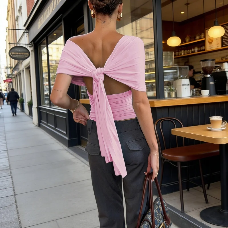 Womens Off The Shoulder Cinched Waist Wrap Top Y2k Ruched Tie Back Halter Backless Shirt Going Out Summer Poncho Tank Tops