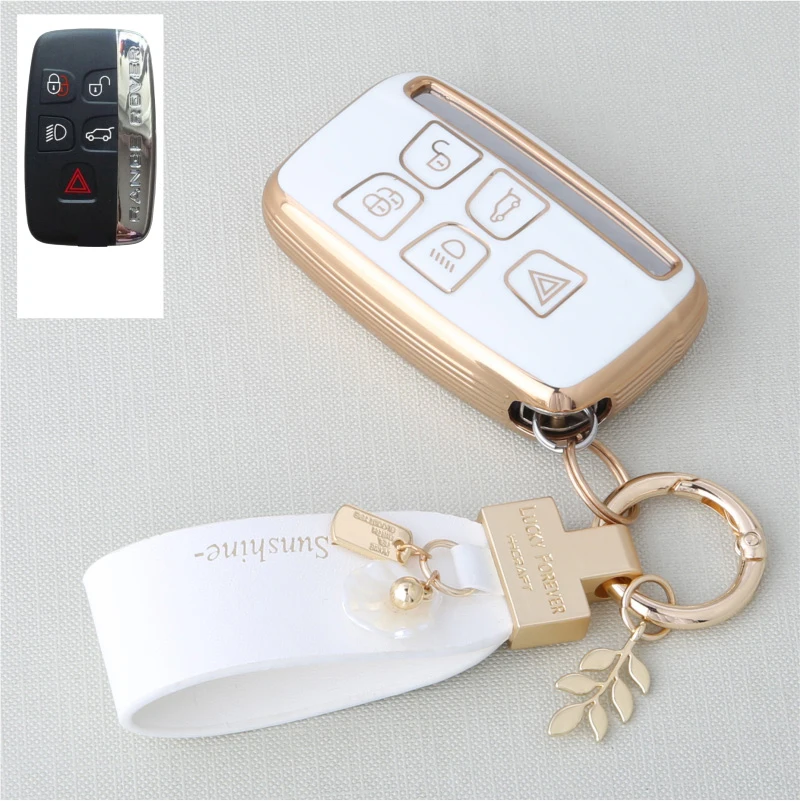 Leather keychain+TPU Car Key Case Shell For Land Rover Range Rover Sport Discovery 3 4 Elander 2 Evoque Jaguar XE XJ XF Guitar