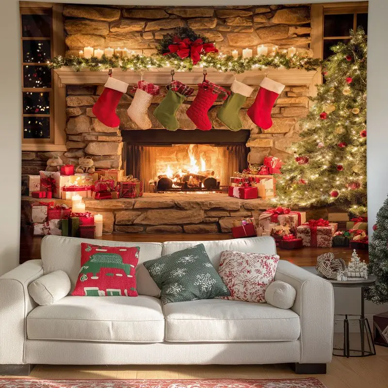 VIKAMA Stone Wall Furnace Christmas Tapestry Background Cloth Wall Decoration Living Room Background Wall Room Decoration