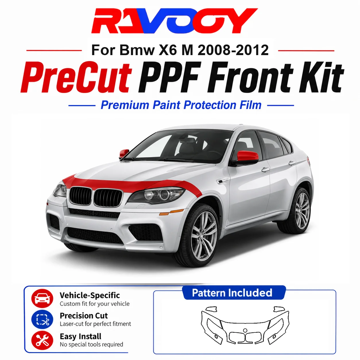 bmw-x6-m-2008-2012用-85mil-tpuプレカットppfキット-フード、部分フェンダー、フルミラーセット-自己修復グロスクリアブラフィルム