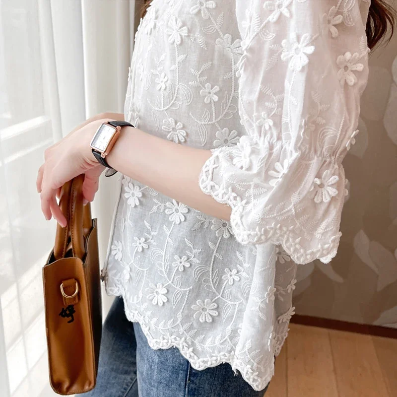 New 2024 Fashion Summer Short Sleeve Lace Blouses Women Tops Embroidery Floral Cotton White Shirt Casual Women\'s Clothing 9638