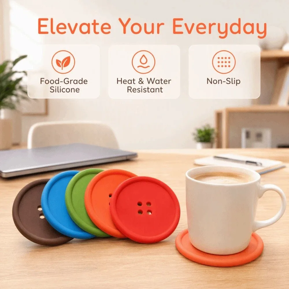 10pcs Funny Non-slip Four-hole Button Coasters 5 Colors Soft Silicone Cup Pads Round Creative Insulation Cup Mat Bar