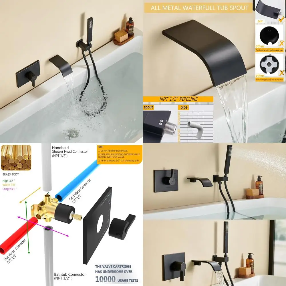 

Matte Black Single Handle Wall-Mounted Bathtub Faucet with Handheld Shower and Waterfall Spout