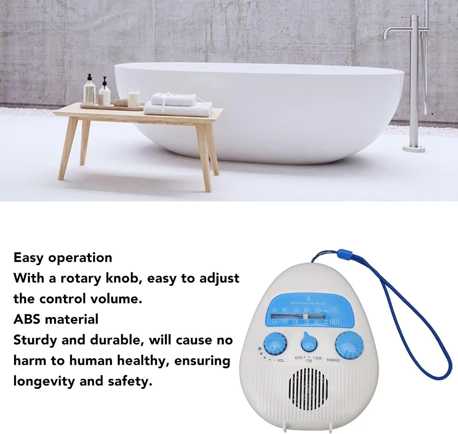 Waterproof Shower Radio, Splash-proof AM-FM Radio with Rotary Knob for Use in the Bathroom Outdoors, Built-in Speaker, Effective