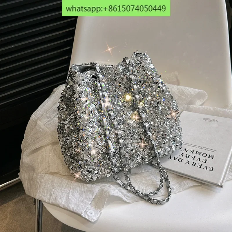 Glitter sequin, bucket bag, foreign style, dinner trend, textured chain, one-shoulder cross-body bag