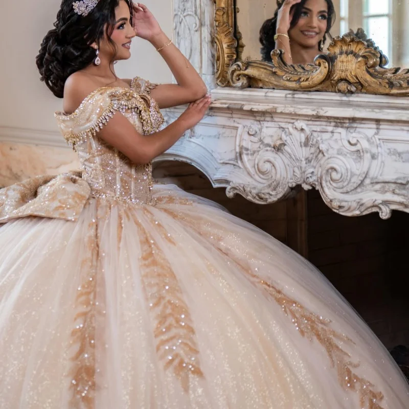 

Light Champagne Quinceanera Dress off-shoulder Glitter Crystal Decal Lace Ruffle Long tail vestidos de 15 Quinceanera ﻿Customize