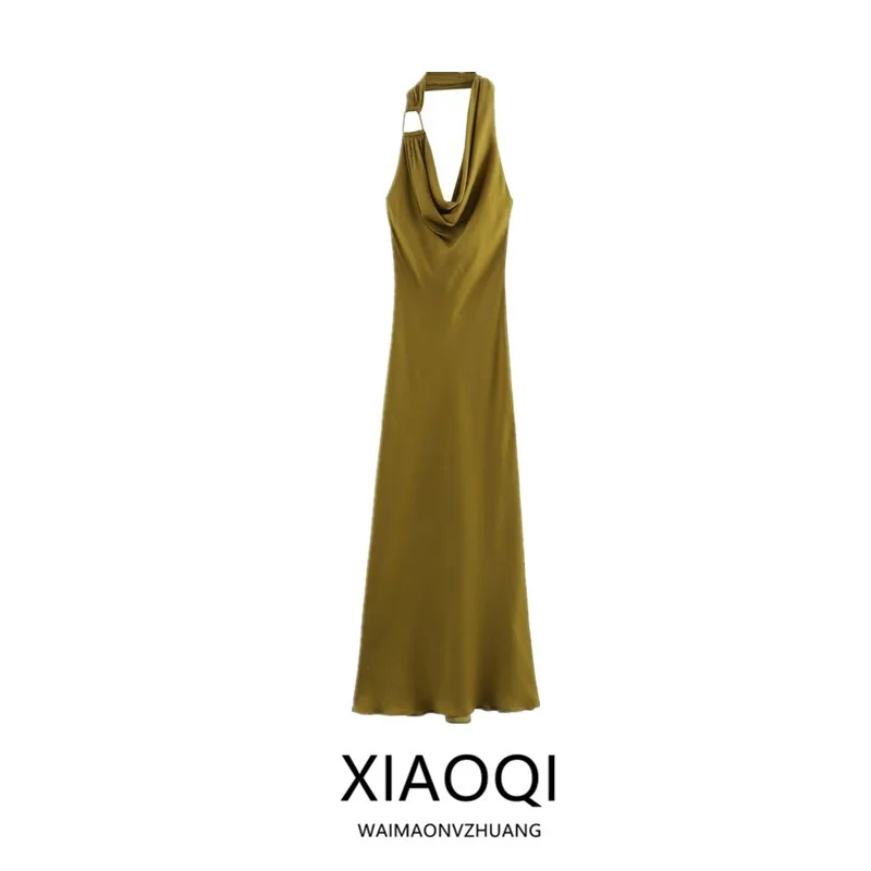 Raso di seta Texture Midi Dr Autunno delle nuove donne Faion Ne Abito appeso Colletto drappeggiato Pendolarismo Sle Svel Senza cerniera