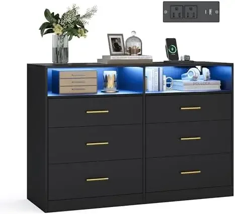 Custos Collection - Dresser for Bedroom, with LED Lights and Power Strip, Chest of Drawers, Modern, TV Stand for Living