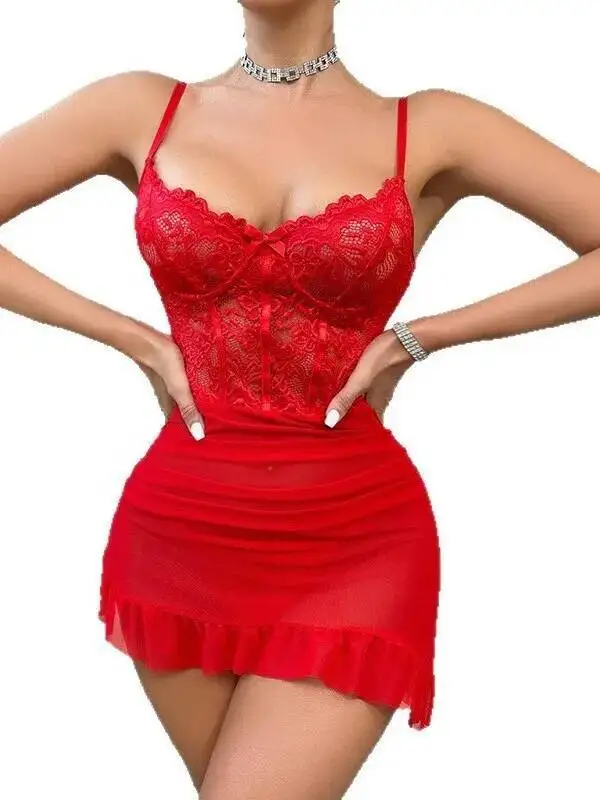 Sexy Women Lace Mesh Transparent Homewear Bodycon Dress Fiery Backless Deep V Suspenders Sleeveless Wrap Hip Dress Charming CLD5