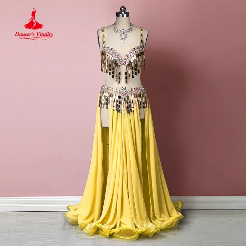 

BellyDance Performance Suit Customized Sequin Tassel Bra+Sexy Split Chiffon Long Skirt 2pcs Oriental Dance Competition Clothing