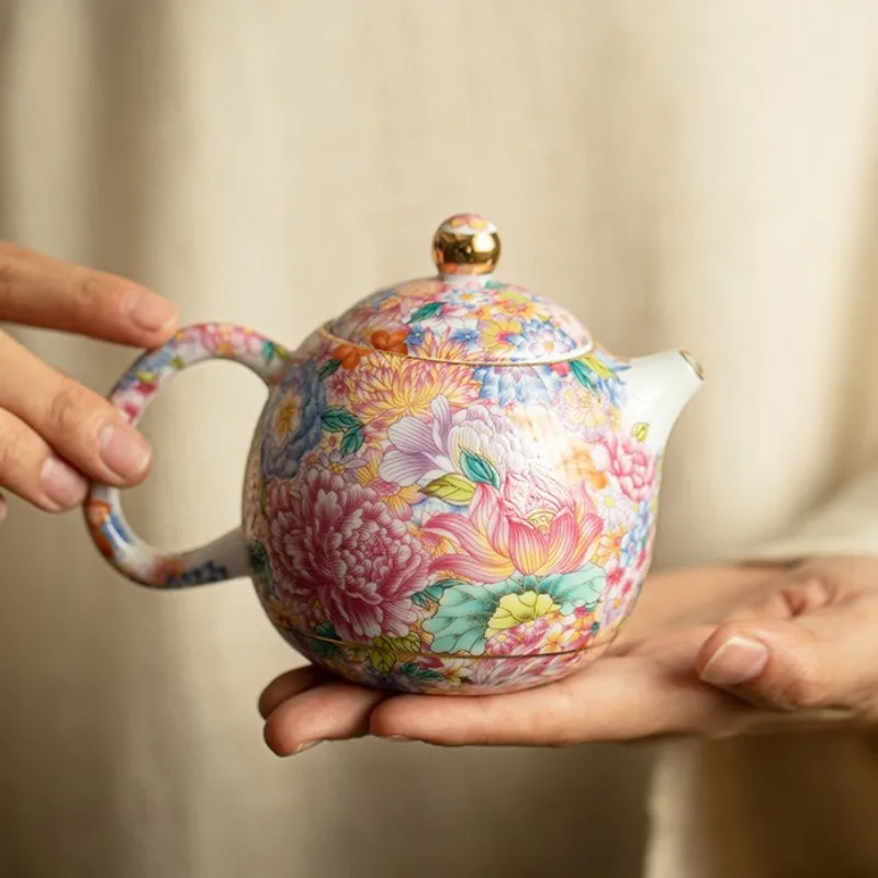 Fine Premium Elegant Handmade Enamel Porcelain Dragon Egg Teapot Thousand Flowers Pattern Kung Fu Tea Set Single Home Office Use