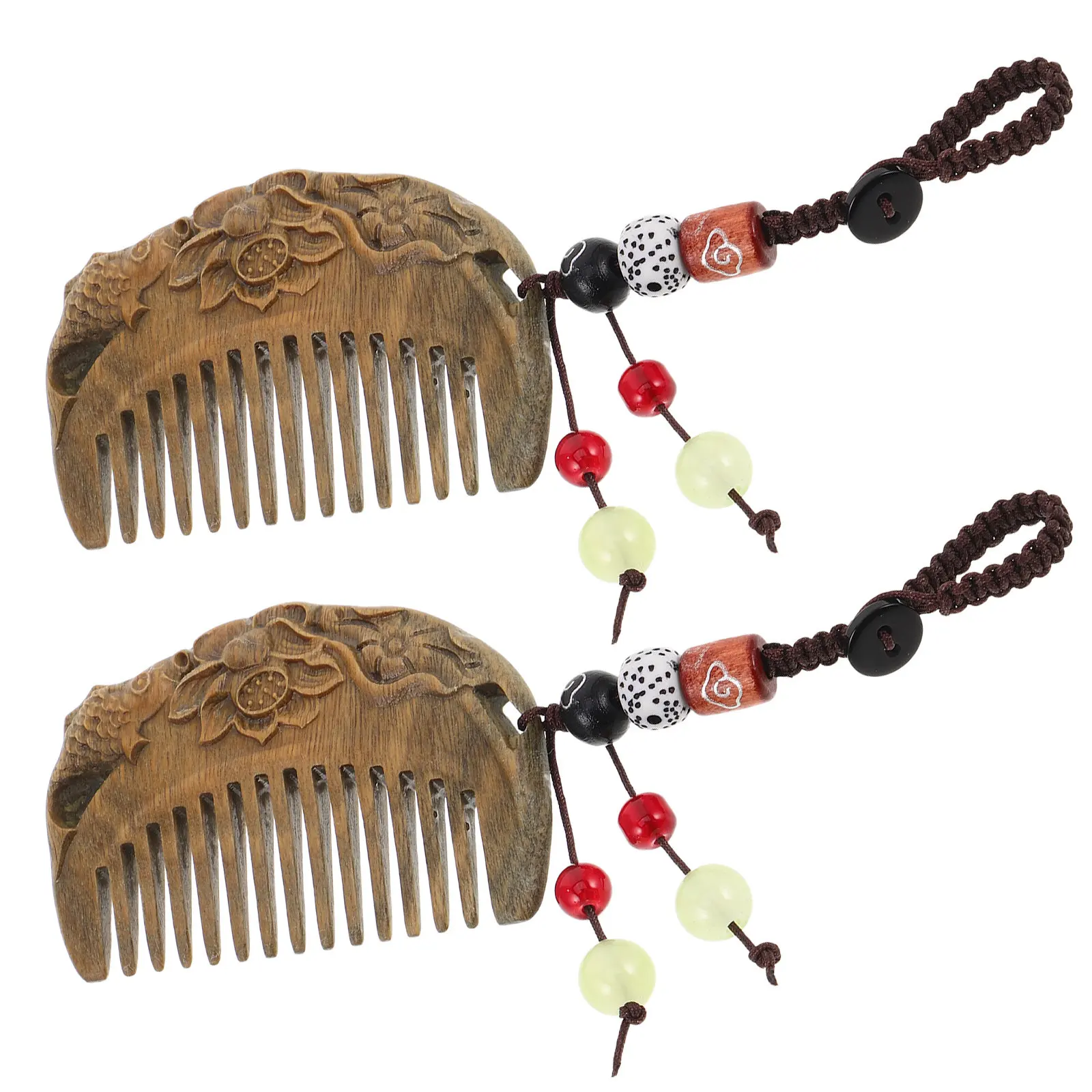 2Pcs Ancient Style Sandalwood Comb Vintage Hand Carved Lotus Fish Pocket Wide Tooth Detangler Hair Care for Women Anti Static