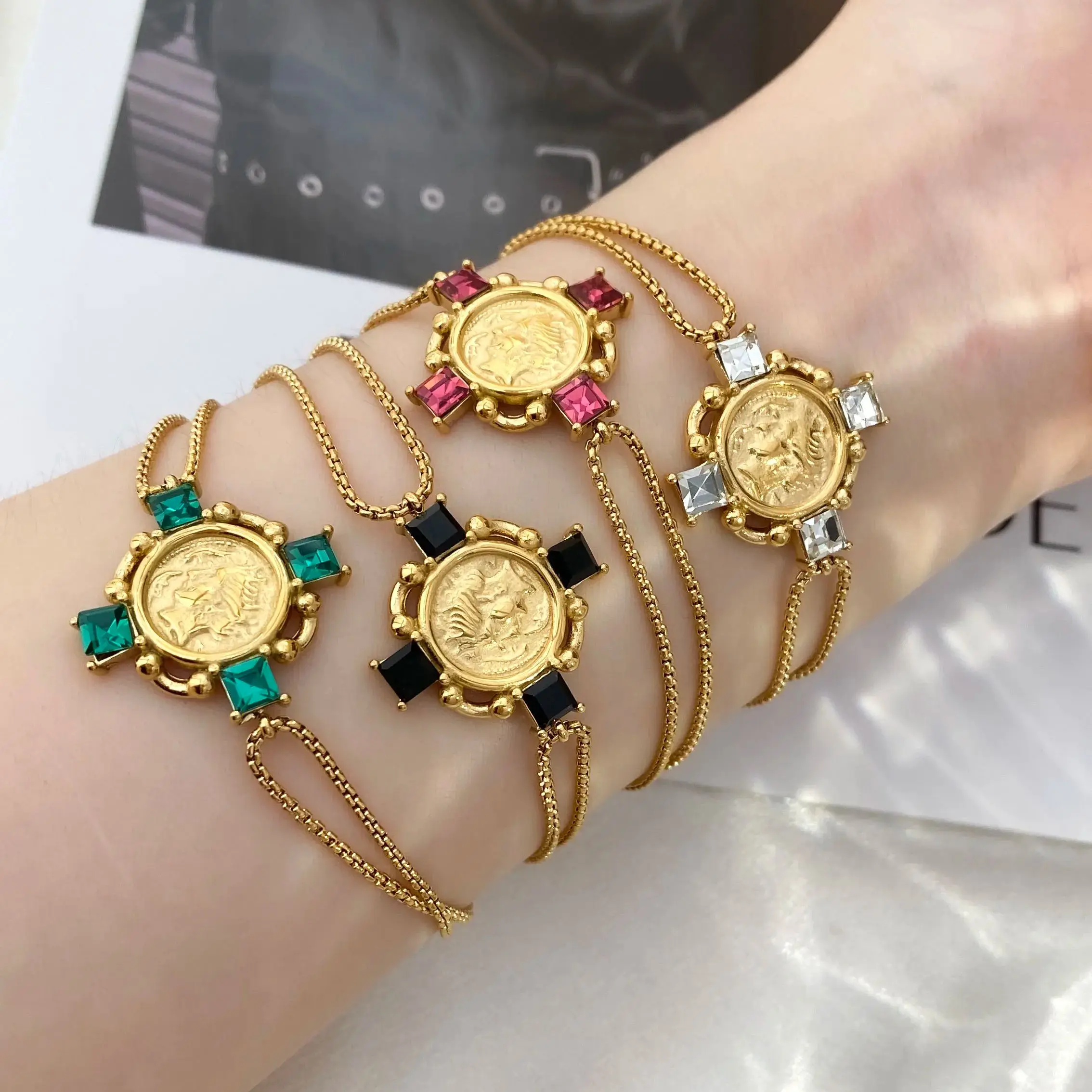 Vintage Etruscan Style New Pvd Gold Plated Stainless Steel Boho Zircon Cross Coin Pendant Box Chain Bracelet for Women