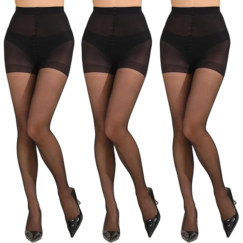 3 Pairs Women's 20D Pantyhose with Control Top and Reinforced Toes