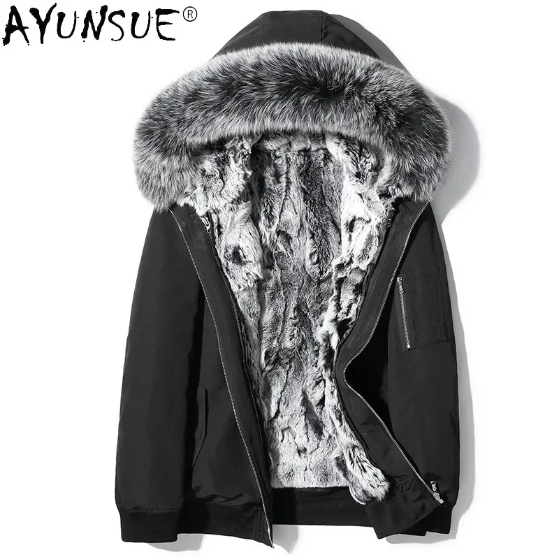 AYUNSUE Real Fur Parka Men Clothing New Autumn Winter Detachable Rex Rabbit Fur Liner Fur Coat Hooded Fur Jackets Fox Fur Collar