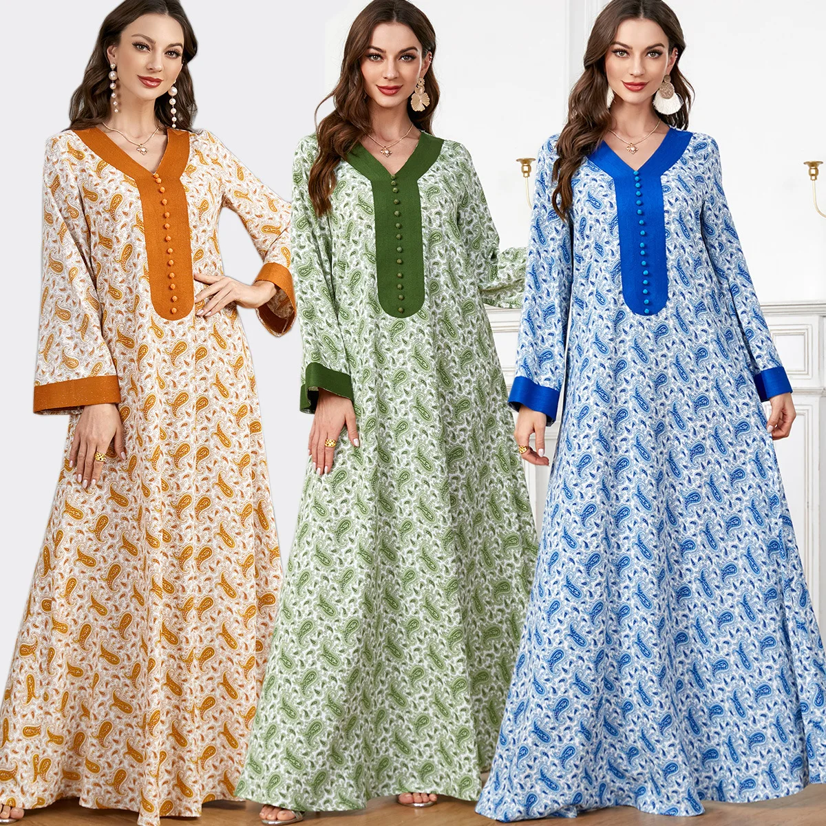 Elegant Ethnic Print Maxi Dress for Women Summer 2024 New Chic Tape Trim Button V Neck Long Sleeve Moroccan Jalabiya Dress