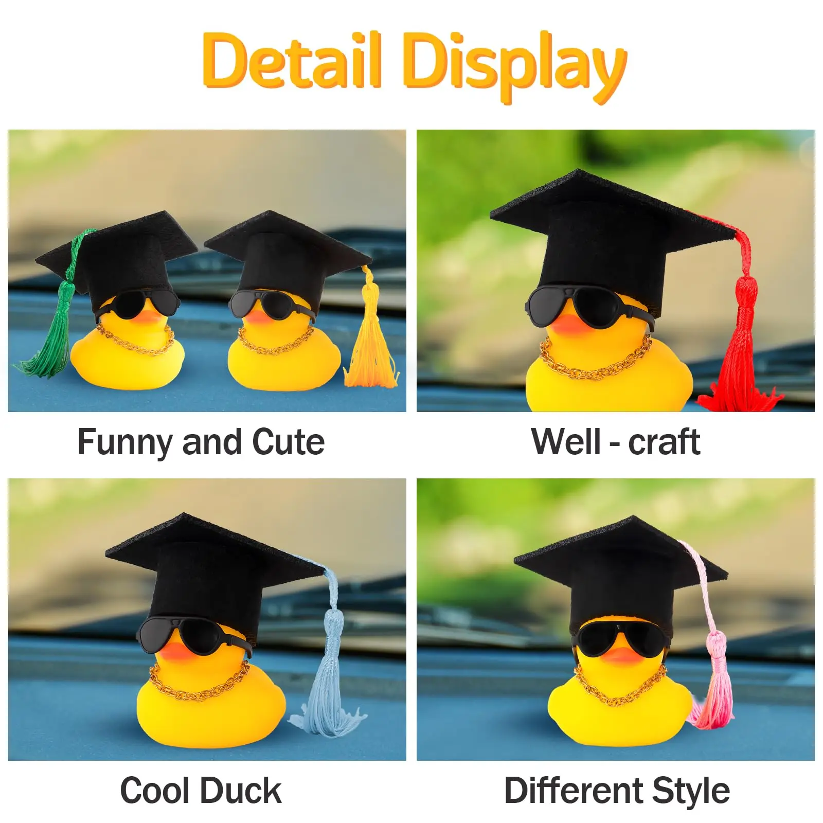 Car Dashboard Decor Graduation Hat Rubber Duck, Car Ducks Ornaments with Mini Hat Necklace Sunglasses Scarf