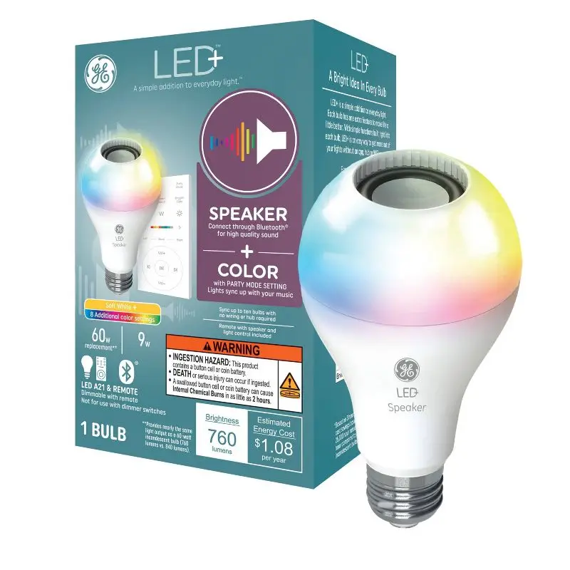 

Bluetooth Speaker Light Bulb A21 760 Lumens E26 Base Color Changing LED with Wireless Remote 8 Colors 60W Energy Saving