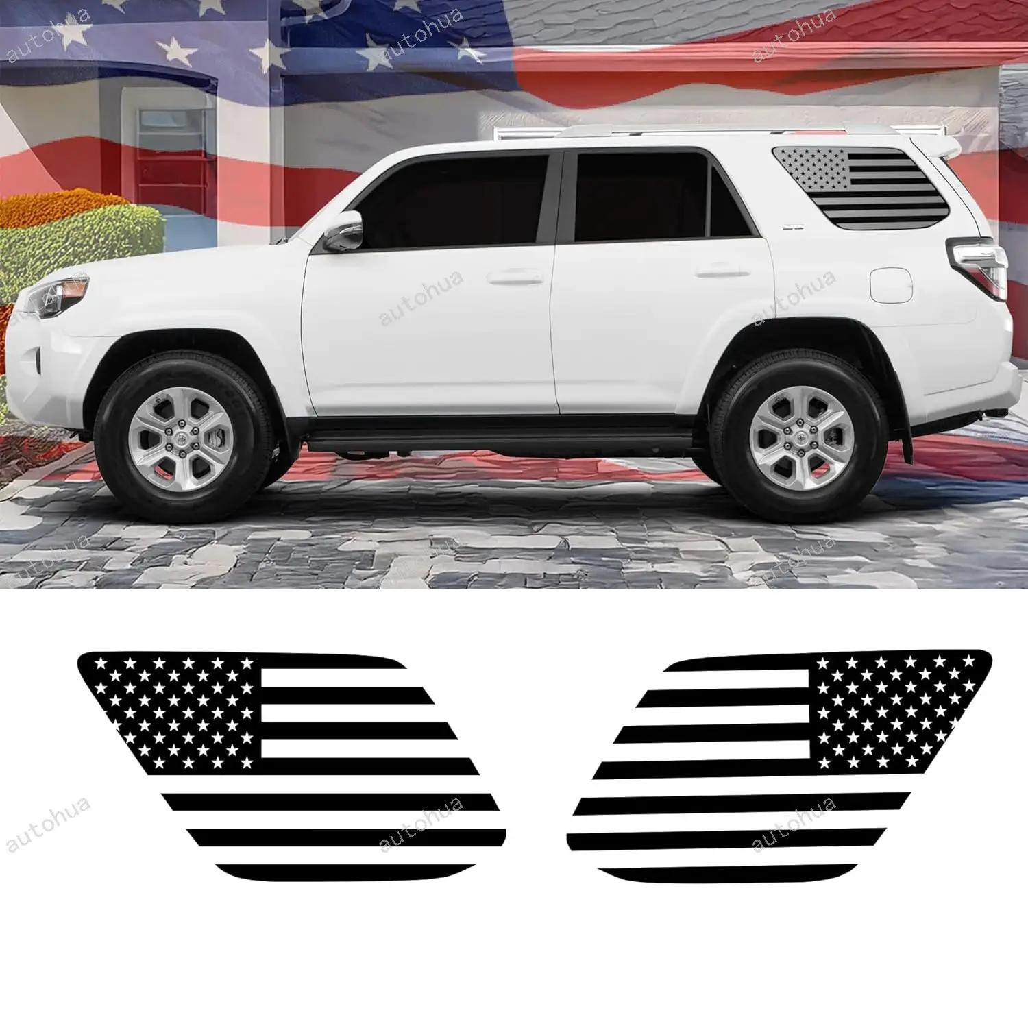 

Precut American Flag Rear Side Quarter Window Decals For Toyota 4Runner 2010-2024, Matte Black 2Pcs