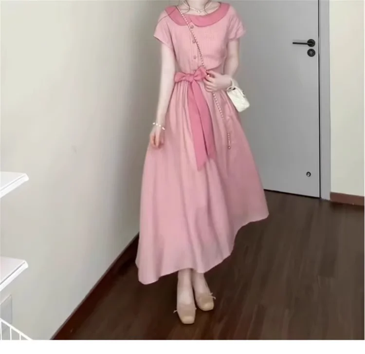 فستان نسائي صيفي مقاس كبير وردي فرنسي حلو بأكمام قصيرة يقلل من العمر بخصر عالٍ على شكل حرف a وأربطة مخططة فساتين طويلة لطيفة