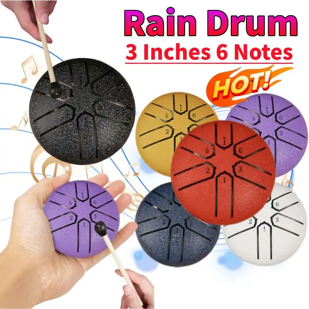 Steel Tongue Drum 3 Inches 6 Notes Rain Drum for Outside Mini Handpan Drum Yoga Meditation Percussion Instrument Ethereal Drum