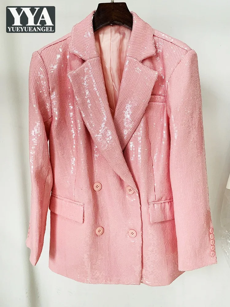 Veste décontractée à double boutonnage pour femme, veste trempée à paillettes roses, manteau à manches longues, blazers de bureau pour femme, design à la mode