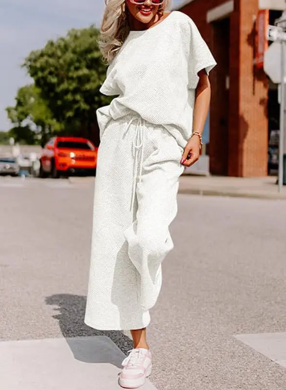 

Women Outfits Trendy Spring Summer Casual Short Sleeve T-Shirt Wide Led Pant Sets Drawstring Elastic Waist Trouser Sports Suit