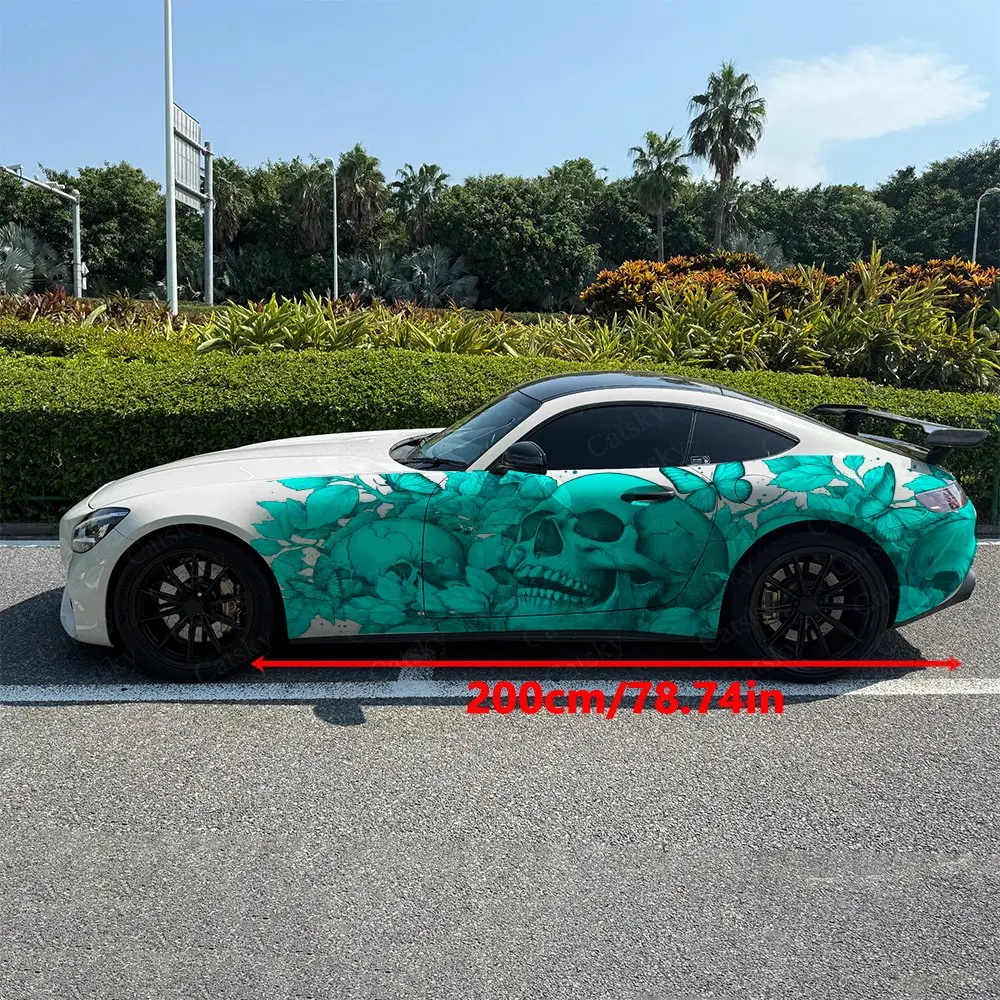 2pcs Turquoise Skull with Butterflies Car Side Wraps, Self-Adhesive PVC Waterproof & Scratch-Resistant Stickers, Car Accessory