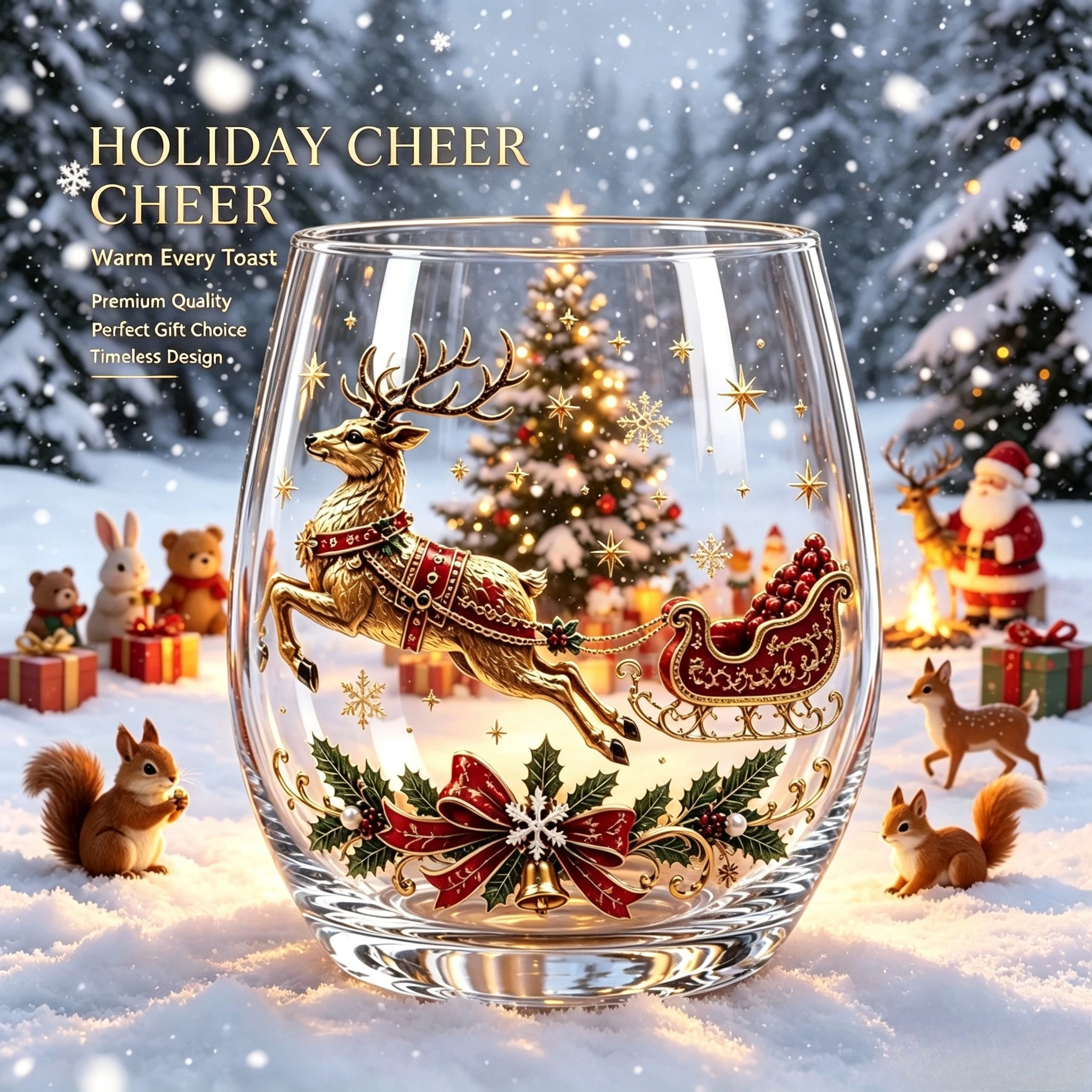 Christmas Stemless Wine Glasses, Hand‑Painted Xmas Decor Glass Cups, Holiday Drinking Glassware Gift Box for Family Party