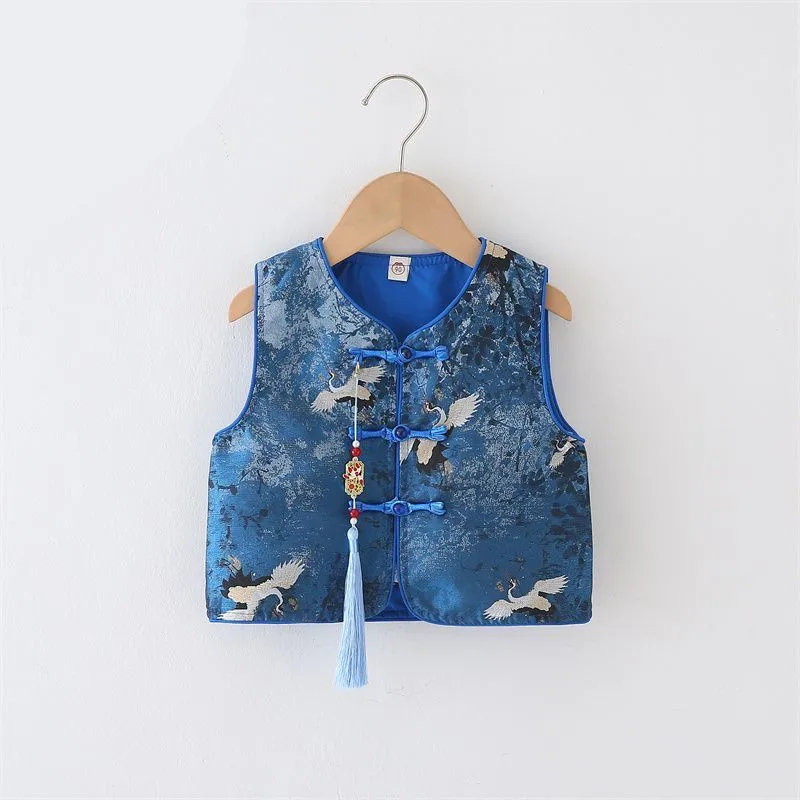 

Весенне-осенний костюм в китайском стиле Тан для мальчиков, детский жилет без рукавов в стиле Ханьфу, детский жилет, топ, брюки, комплект одежды LJ364