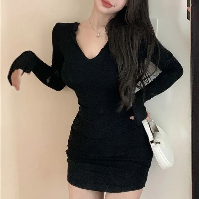 2023 New Spring and Autumn Season Fashion Sexy Big V-neck Pure Lust Style Waist Tight Elastic Flare Sleeve Wrap Hip Dress