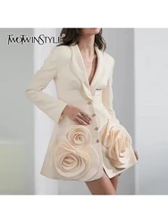 TWOTWINSTYLE Solid Spliced Appliques Slimming Jackets For Women Lapel Long Sleeve Temperament Chic Coat Female Fashion Style New