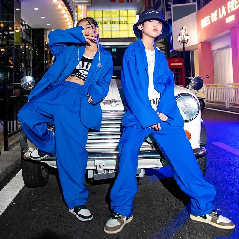 Costume da ballo abbigliamento completo Kid Kpop abbigliamento Hip Hop giacca Blazer oversize blu Streetwear pantaloni larghi per ragazza ragazzo Jazz