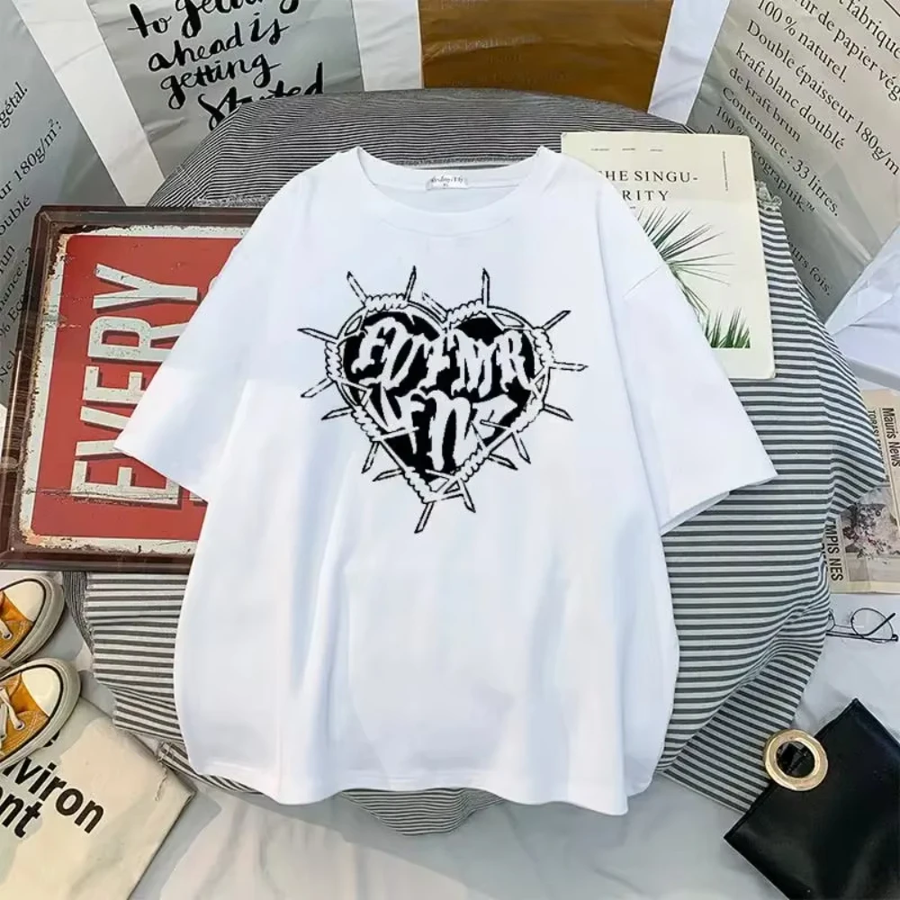 الظلام القوطية ايمو Alt قصيرة الأكمام س الرقبة فضفاضة الأسود المحملة القمم Y2k موضة القوطي خمر تي شيرت مطبوع المرأة Harajuku الشارع الشهير #3