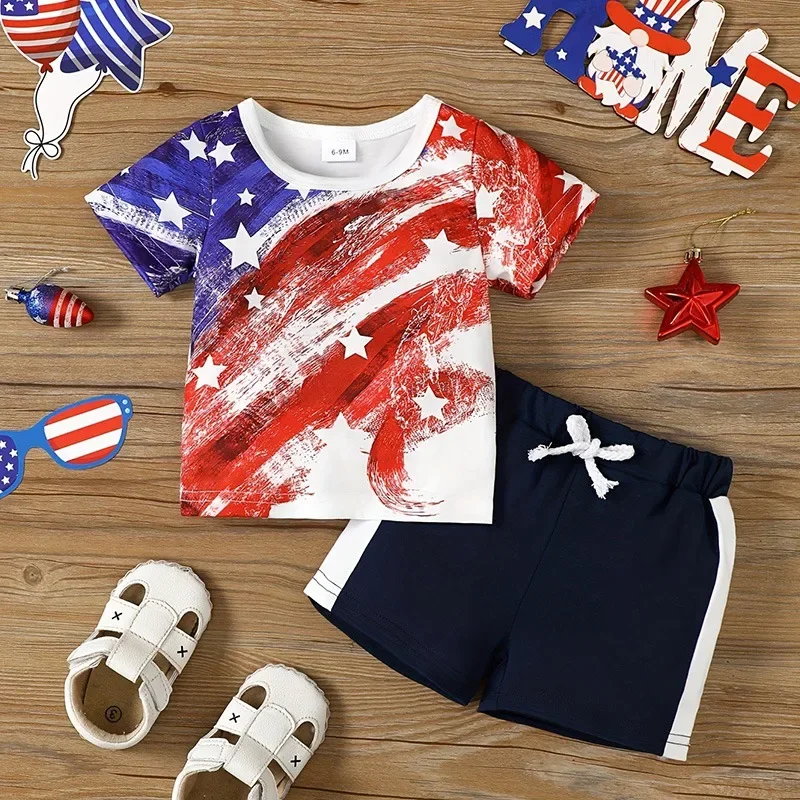 

Fashion American Flag Short Sleeves T-shirts Shorts Sets for Baby Kids Boys Summer Cooling Beach Traveling Suits for Toddlers