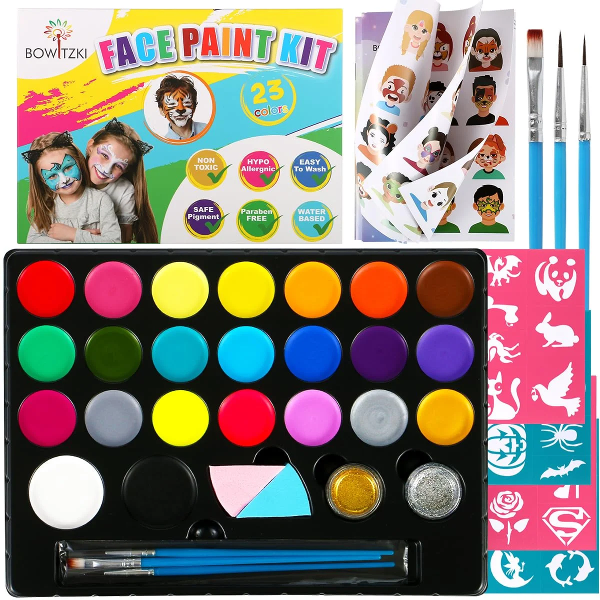 

Bowitzki Face Painting Kit for Kids 23 Colors Water Based Face Paint Kit Non Toxic Professional with Stencils Brushes